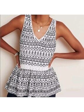 NWT Anthro Maeve White Black Embroidered Sleeveless Peplum Cammie Top